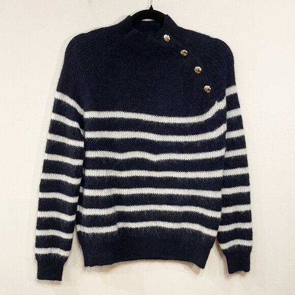 EUC Sezane Trudy Wool Mohair Button Detail Sweater Navy White XXS - Picture 3 of 9